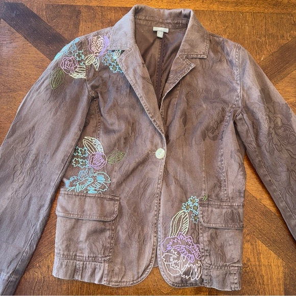 J Jill Brown Canvas Embroidered One Button Jacket Floral Purple Blue Small - Picture 7 of 11